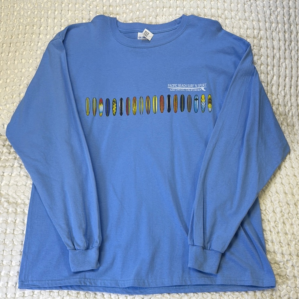 Gildan Blue Surfboard Graphic Long Sleeve Tee